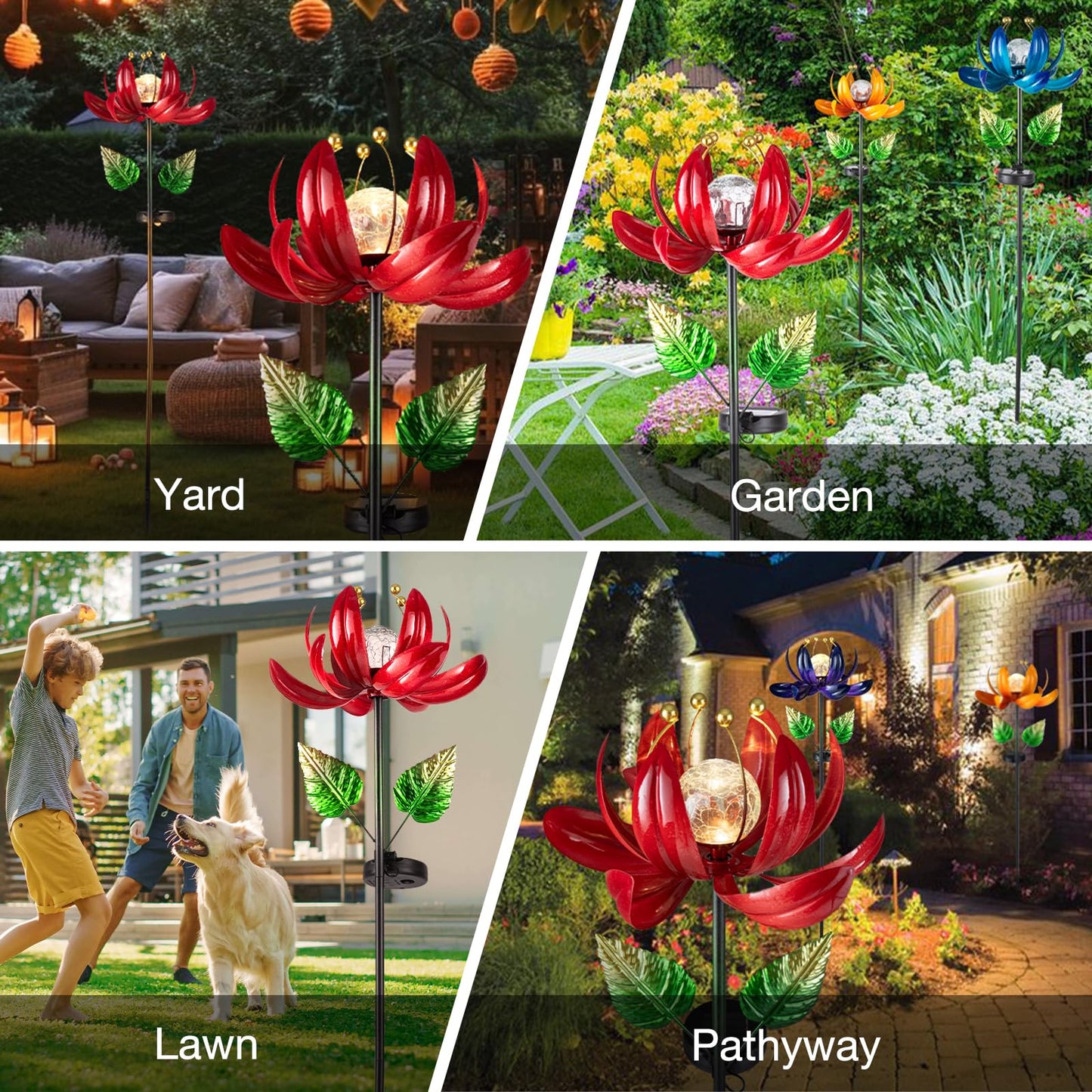 AIINY Solar Lights Outdoor Garden Decor, Solar Wind Spinner Yard Decorations Gifts for Outside, Lotus Windmill Pathway with LED Cracked Crystal Ball Waterproof Flower Sculpture for Patio Lawn