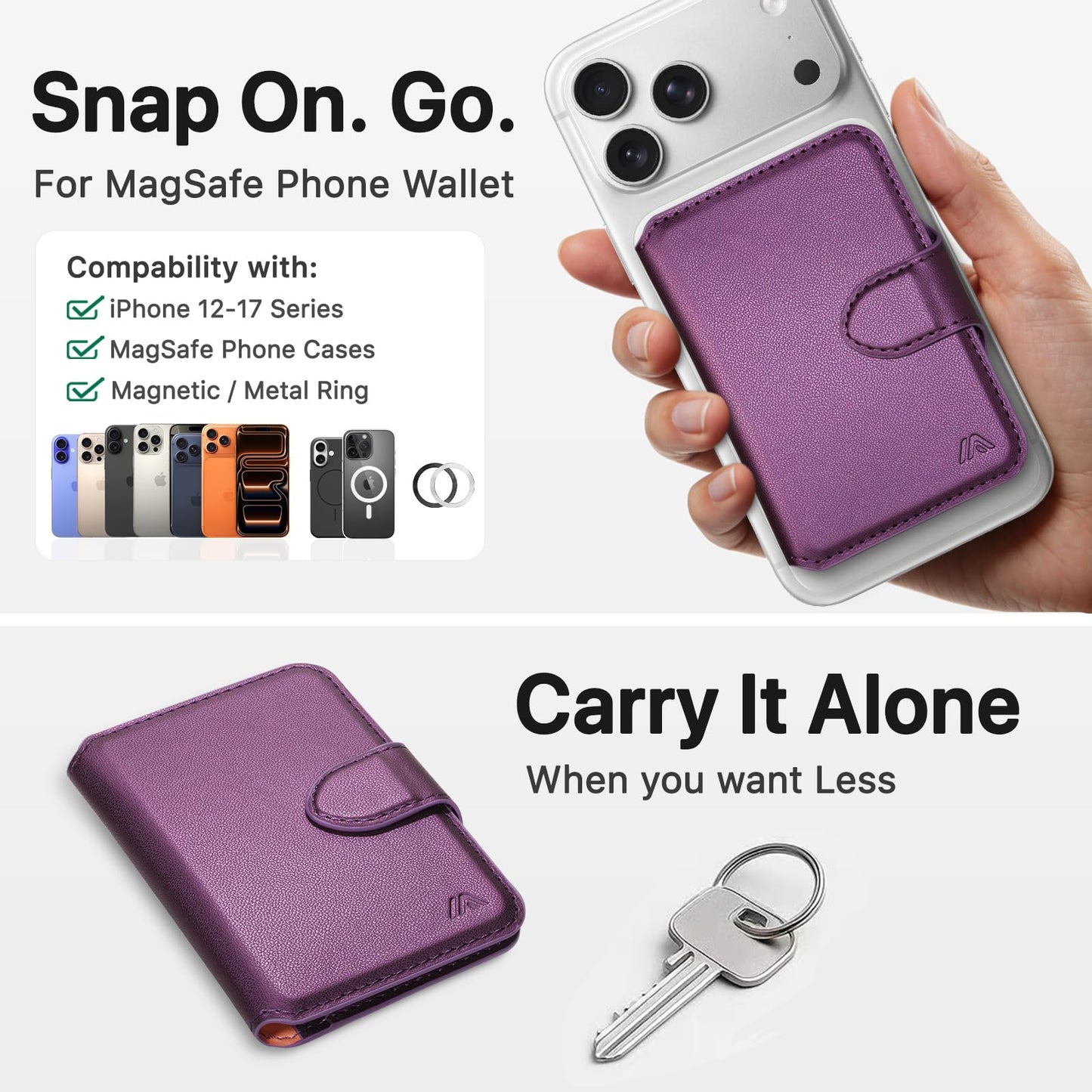 MEFON for MagSafe Wallet, Magnetic Phone Wallet RFID Blocking, Slim 5-8 Card Holder with Cash Slot & Clear ID Window, Minimalist Mag Safe Wallets for iPhone 17/16/15/14/13/12 Series, Amethyst Purple