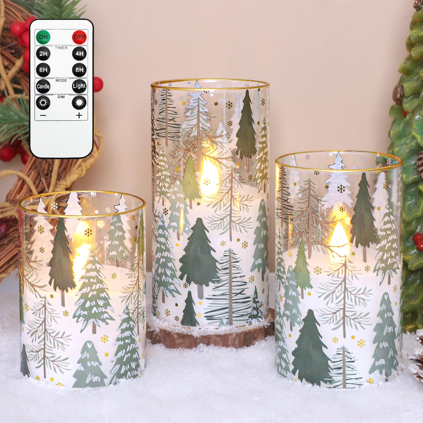 Impress Life Christmas Tree Glass Flameless Candles with Remote Battery Operated 3D Flickering LED Pillar Candles for Xmas Gift Holiday Decor, Set of 3