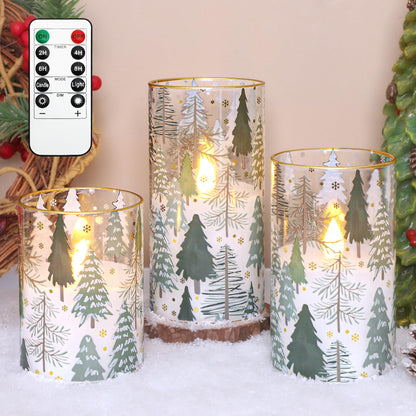 Impress Life Christmas Tree Glass Flameless Candles with Remote Battery Operated 3D Flickering LED Pillar Candles for Xmas Gift Holiday Decor, Set of 3