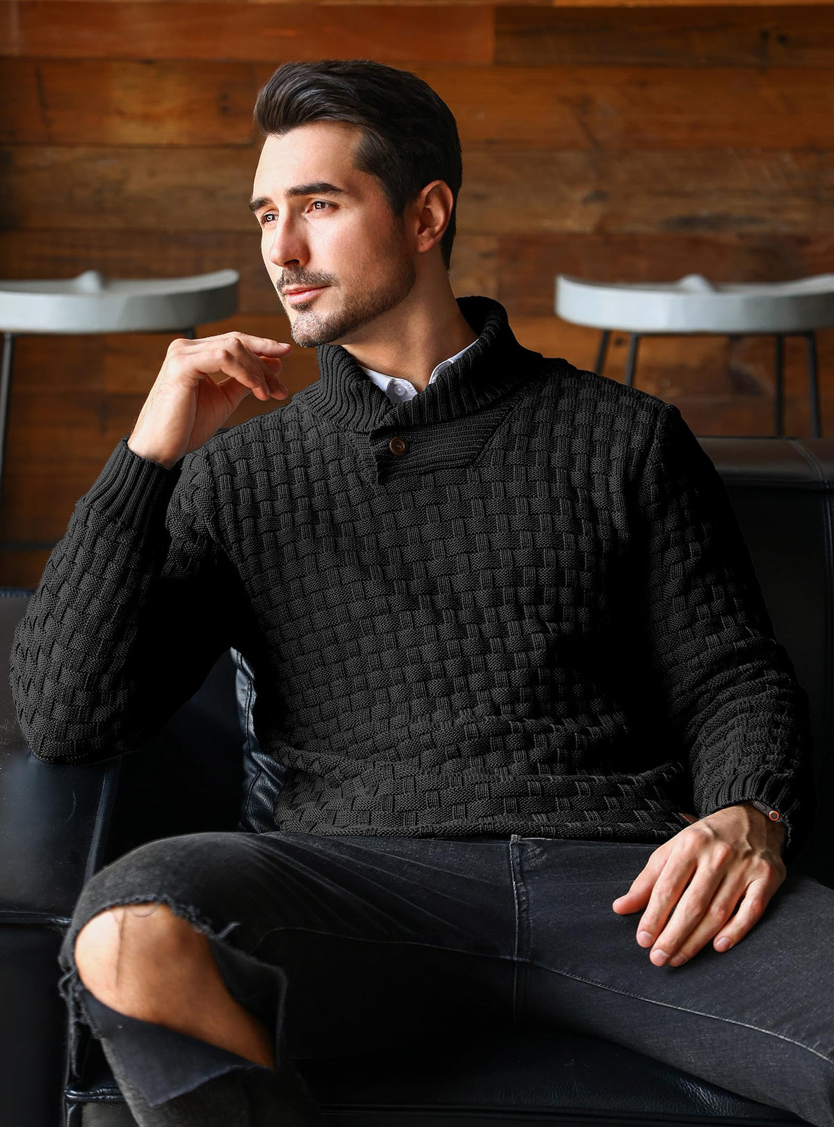 Zaitun Mens Knitted Jumper Sweater Crew Neck Warm Long Sleeve Pullover Textured Ribbed Edge Top S-5XL