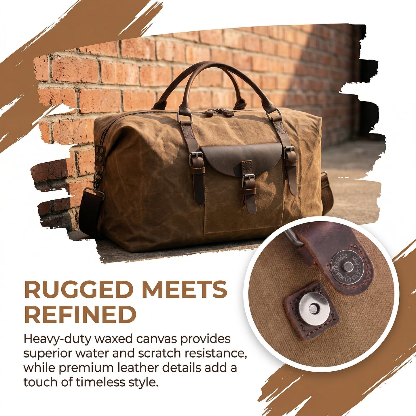 NEWHEY 55L Travel Duffel Bag, Waterproof Waxed Canvas & Leather Weekender Bag for Men, Large Carry-on Overnight Bag for 4-5 Day Business Trips & Weekend Getaways, Brown
