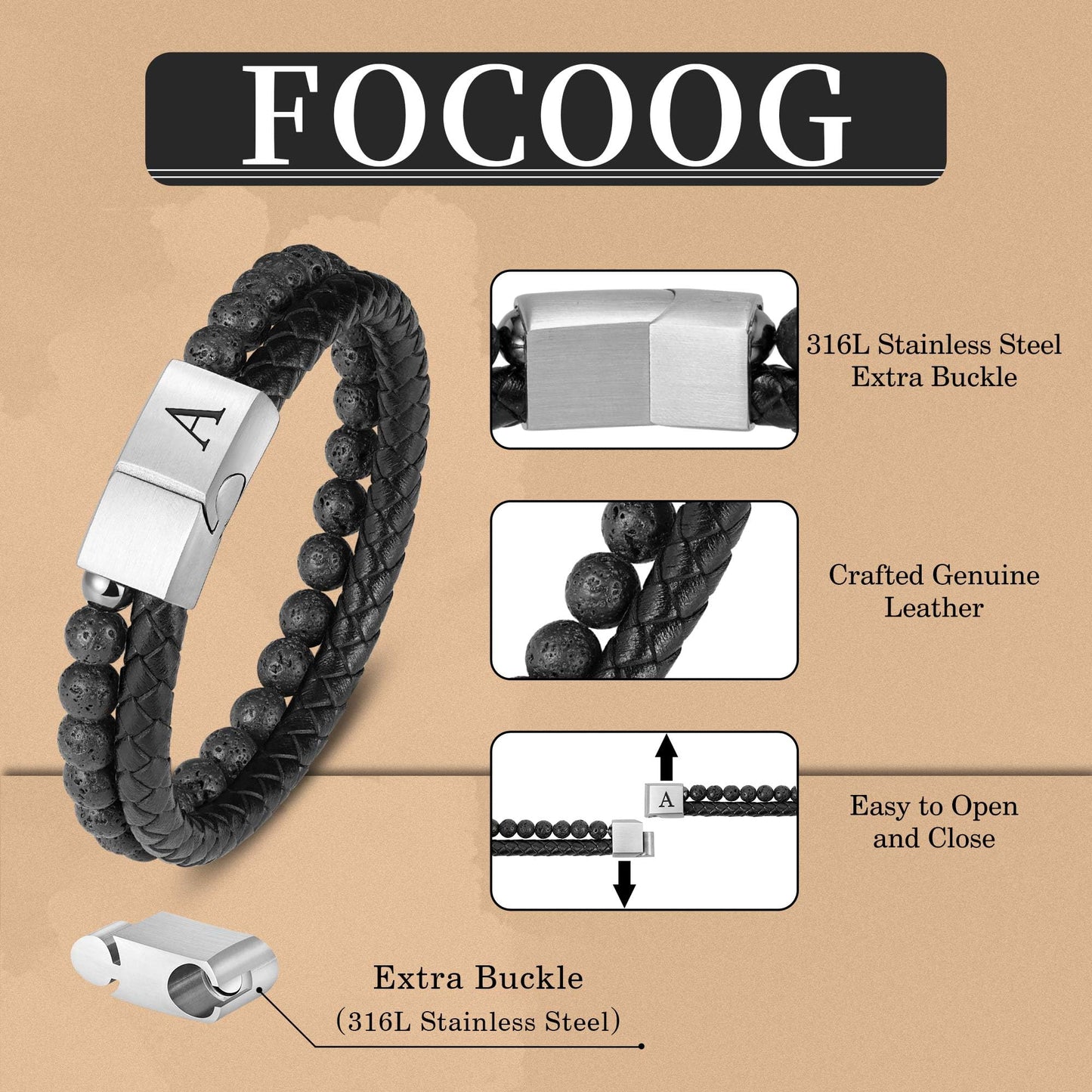 FOCOOG Gifts for Mens Bracelet - Men Gift Leather Bracelets for Men with Initial Lava Rock Bead Gift for Husband Leather Men's Initial A Bracelet for Men's Jewelry Mens Gifts for Dad Husband