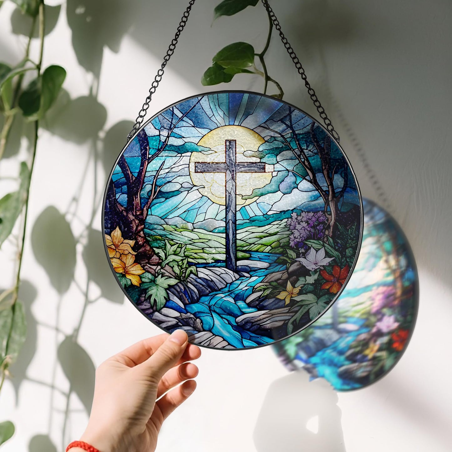 8 Inch Cross Stained Glass Suncatcher - Stained Glass Window Hanging, Sun Catchers Indoor Window, Christian Decor, Window Decor Hanging | Christian Gifts, Religious Gifts, Baptism Gift