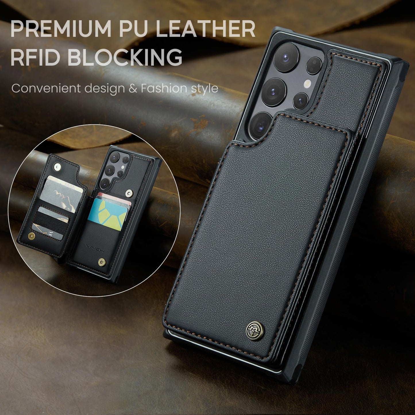Vinich for Samsung Galaxy S24 Ultra Wallet Case with Card Holder, RFID Blocking Credit Slots Kickstand Shockproof Phone Cover Fit for Galaxy S24 Ultra 6.8" Black