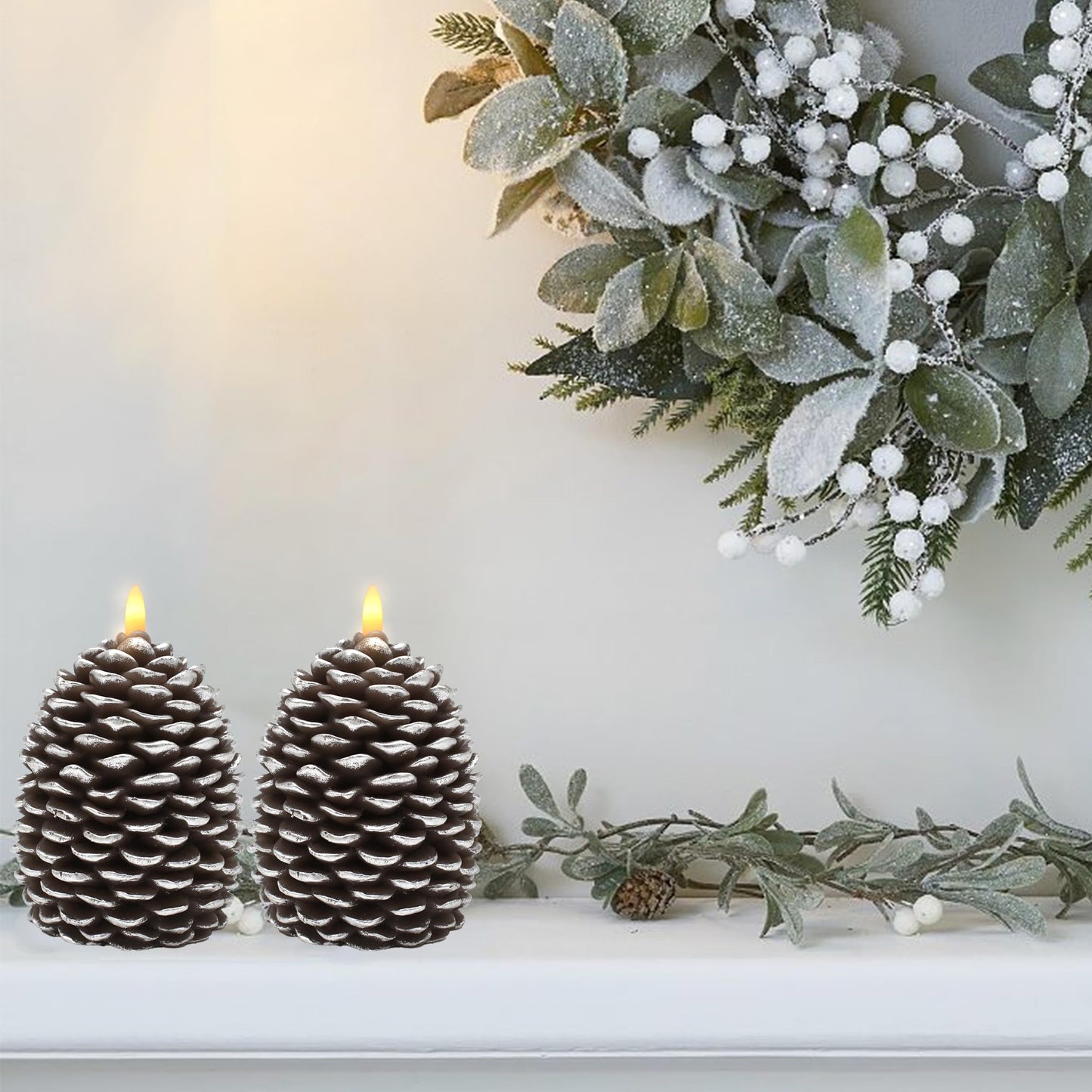 CVHOMEDECO. Pine Cone Candles Battery Operated Pinecones with Remote and Timer, Pine Cones Candle LED Flameless Flickering Candles for Fall, Christmas Decor. Silver-Brown, H 5.5 Inch, Pack of 2
