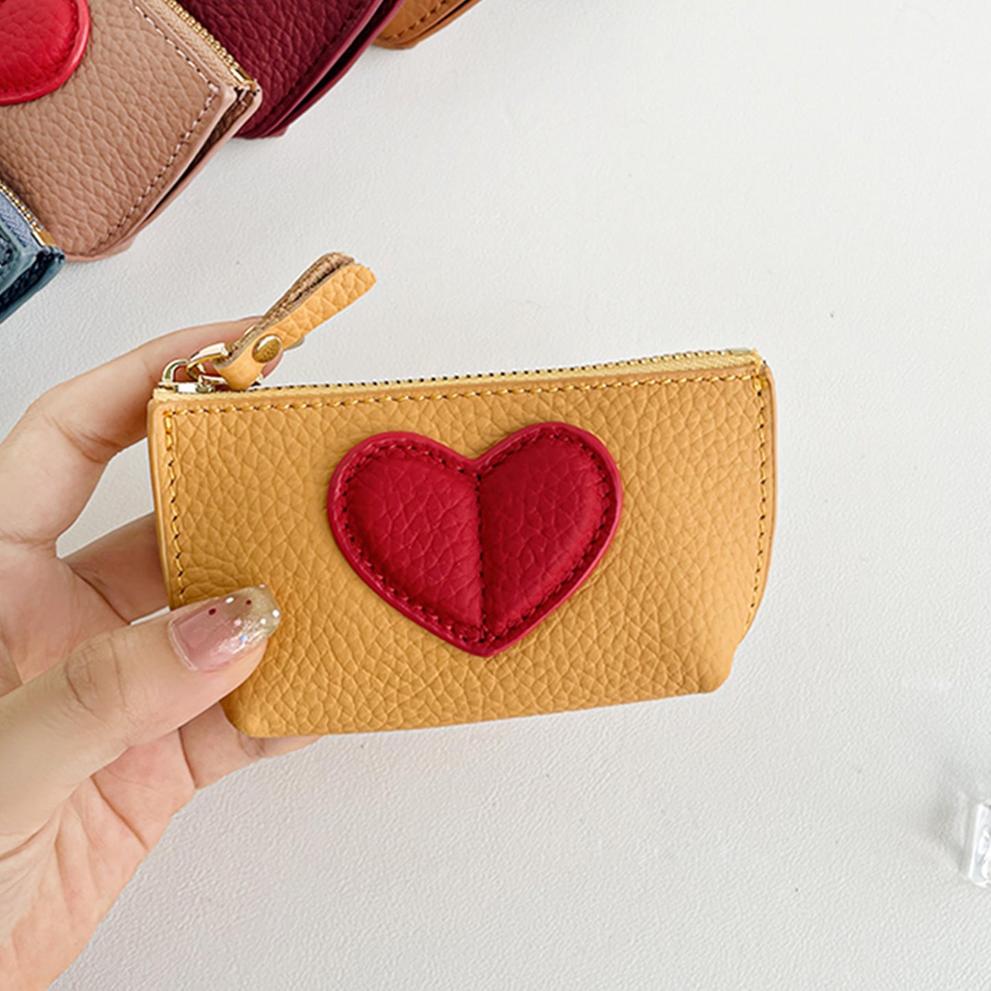 Doris&Jacky Cowhide Leather Coin Purse, Mini Zipper Card Holder With Cute Red Heart Design and Key Chain (Yellow)