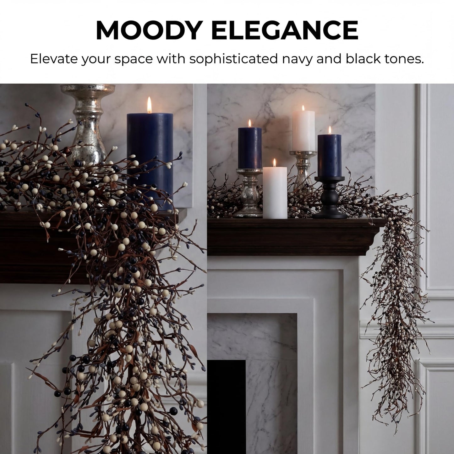Quixem 60 Inch (5FT) Rustic Navy Blue Black & Cream Pip Berry Garland for Fireplace Mantel & Table Runner, Flexible Wired Artificial Vine, Coastal Farmhouse Decor, Precise Size