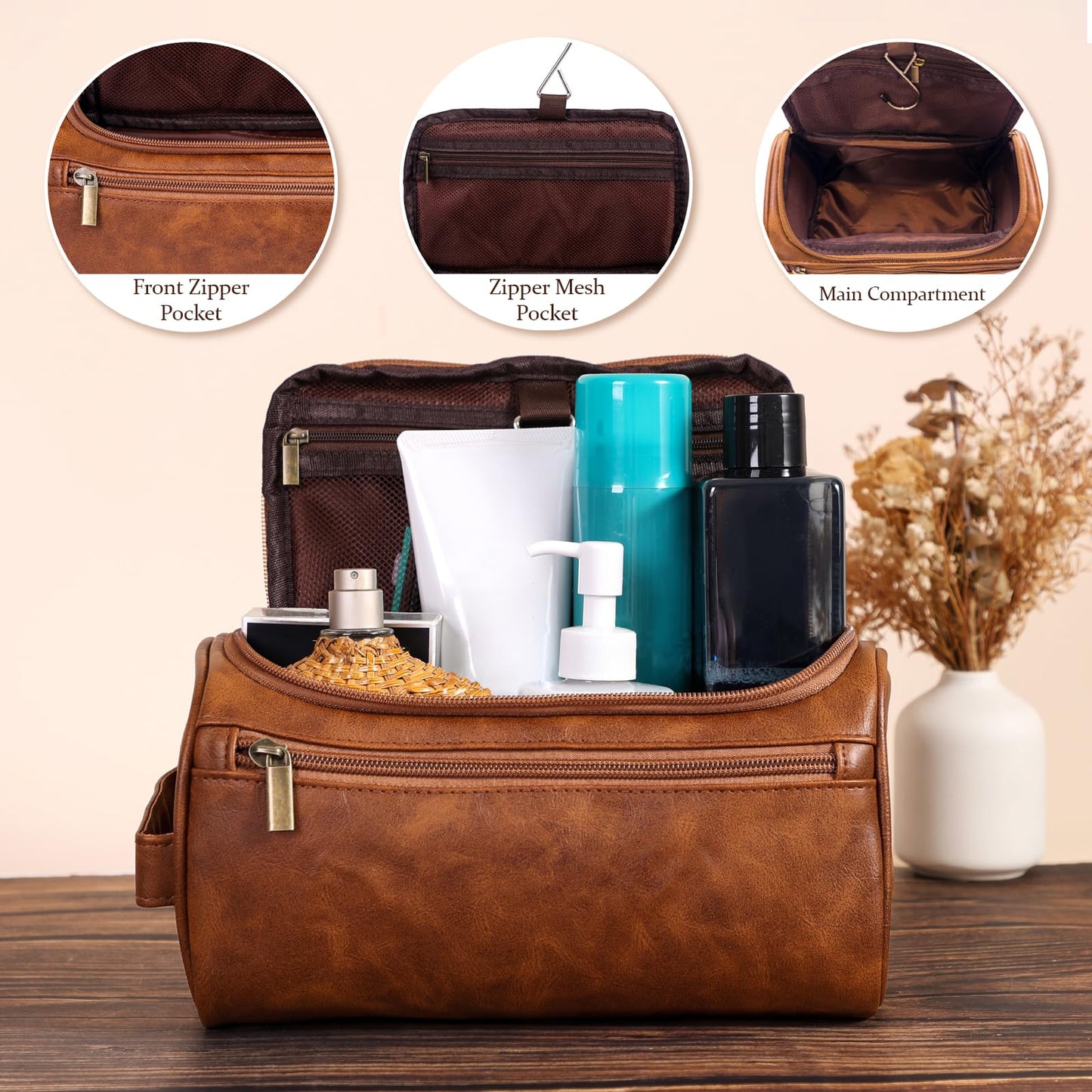 Seozata Toiletry Bag for Men, Hanging Travel Shaving Dopp Kit for Men and Women, Water-resistant Toiletries Organizer Bags, PU Leather Cosmetic Bags for Makeup Accessories (Light Brown)