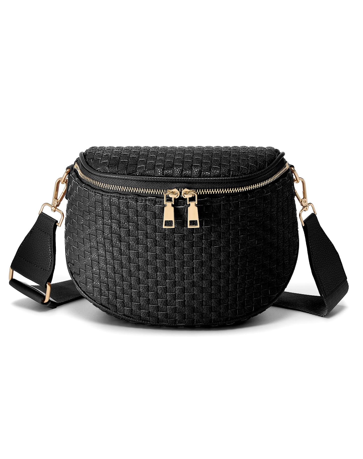Trendy Woven Checkered Crossbody Bum Bag for Women，PU Leather Checkered Purse Fanny Packs Belt Bag (Woven Bum Bag - Pure Black)