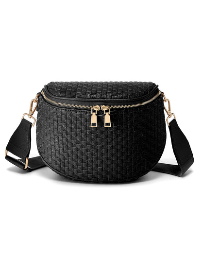 Trendy Woven Checkered Crossbody Bum Bag for Women，PU Leather Checkered Purse Fanny Packs Belt Bag (Woven Bum Bag - Pure Black)