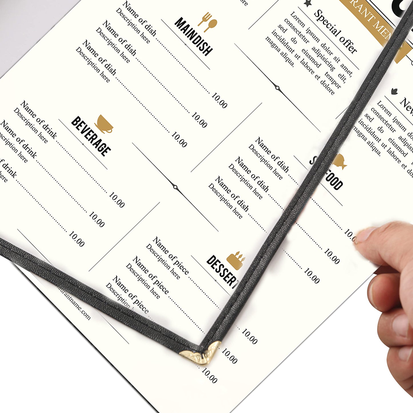 Menu Covers Restaurant 8.5x11 Inch - 15-Pack Black Leather-Style Waterproof Holders with 3-Pocket Side-Loading Sleeves & Gold Corners for Upscale Dining