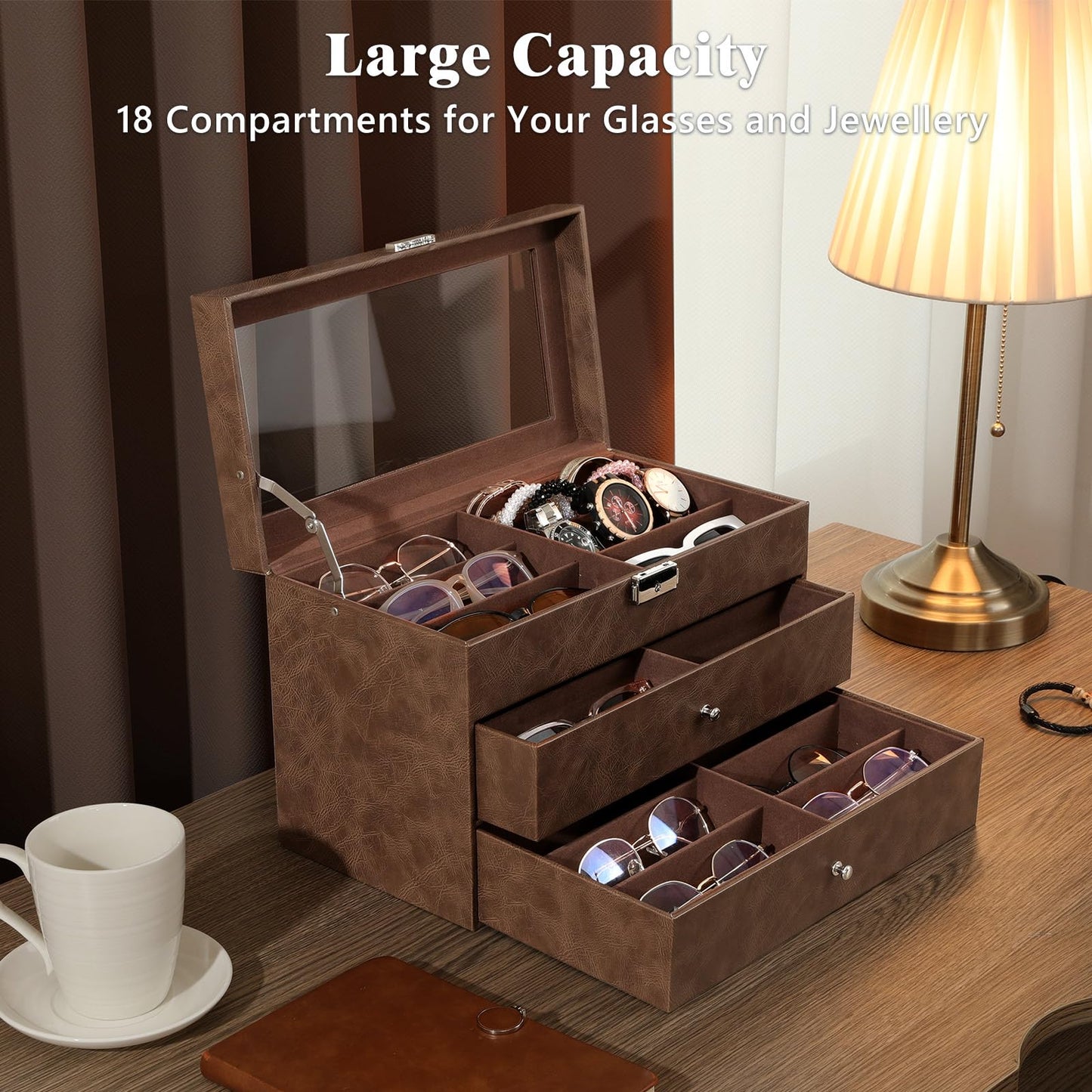 MoKo Sunglasses Organizer with 18 Slots, 3-layer Leather Sunglass Display Collection Holder Case with Drawer Clear Glass Lid, Lockable Eyeglass Glass Jewelry Watch Storage Box for Women Men, Brown