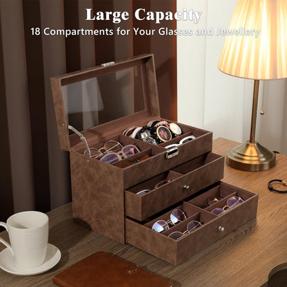 MoKo Sunglasses Organizer with 18 Slots, 3-layer Leather Sunglass Display Collection Holder Case with Drawer Clear Glass Lid, Lockable Eyeglass Glass Jewelry Watch Storage Box for Women Men, Brown