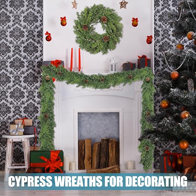 Artgar 24 Inch Christmas Cypress Wreath, Christmas Wreath for Front Door, Real Touch Pine Wreath Artificial Green Cedar Wreaths with Pine Cones for Wall Window Porch Indoor Outdoor Winter Decor