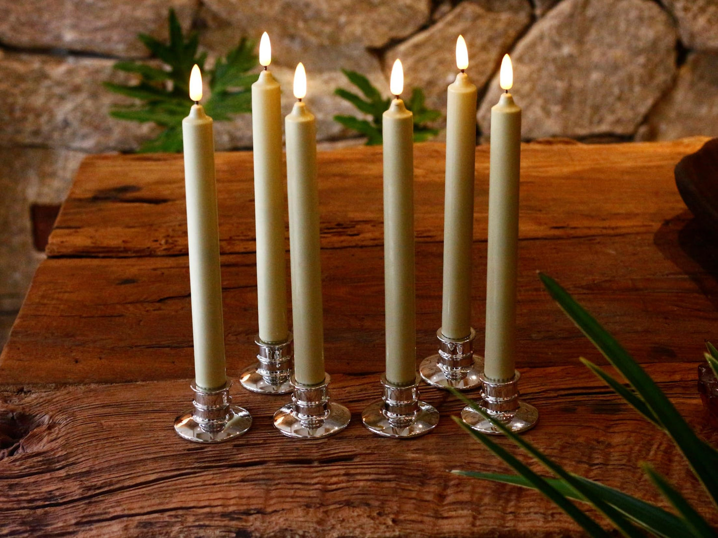Set of 6 Flameless Ivory Wax Windows Candles with 12 AA Batteries(Include, Run More Than 400 Hours) and 6 Sliver Candlesticks.10 Inch, Flickering Battery Operated LED Candle Lights, Remote/Timer