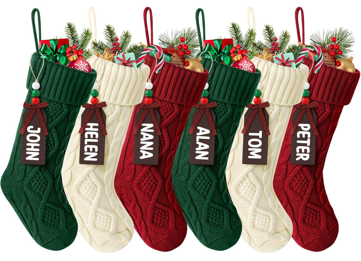 Hommtina Christmas Stockings, Personalized Christmas Stockings 18 Inches Large Size Cable Knitted Stocking Gifts (6pcs White&red&Green)