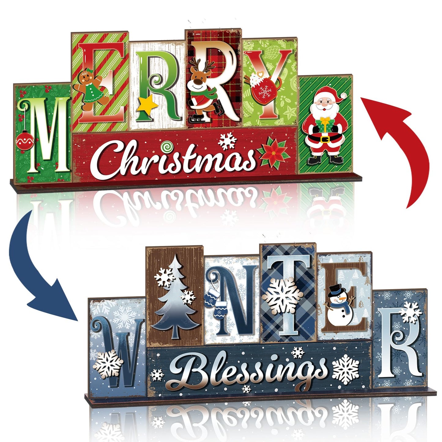 Amyhill Winter Table Decoration Merry Winter Tiered Tray Decor Reversible Centerpiece Decorative Snowman Snowflake Santa Claus Gingerbread Block Signs Farmhouse Christmas Decoration for Kitchen Shelf