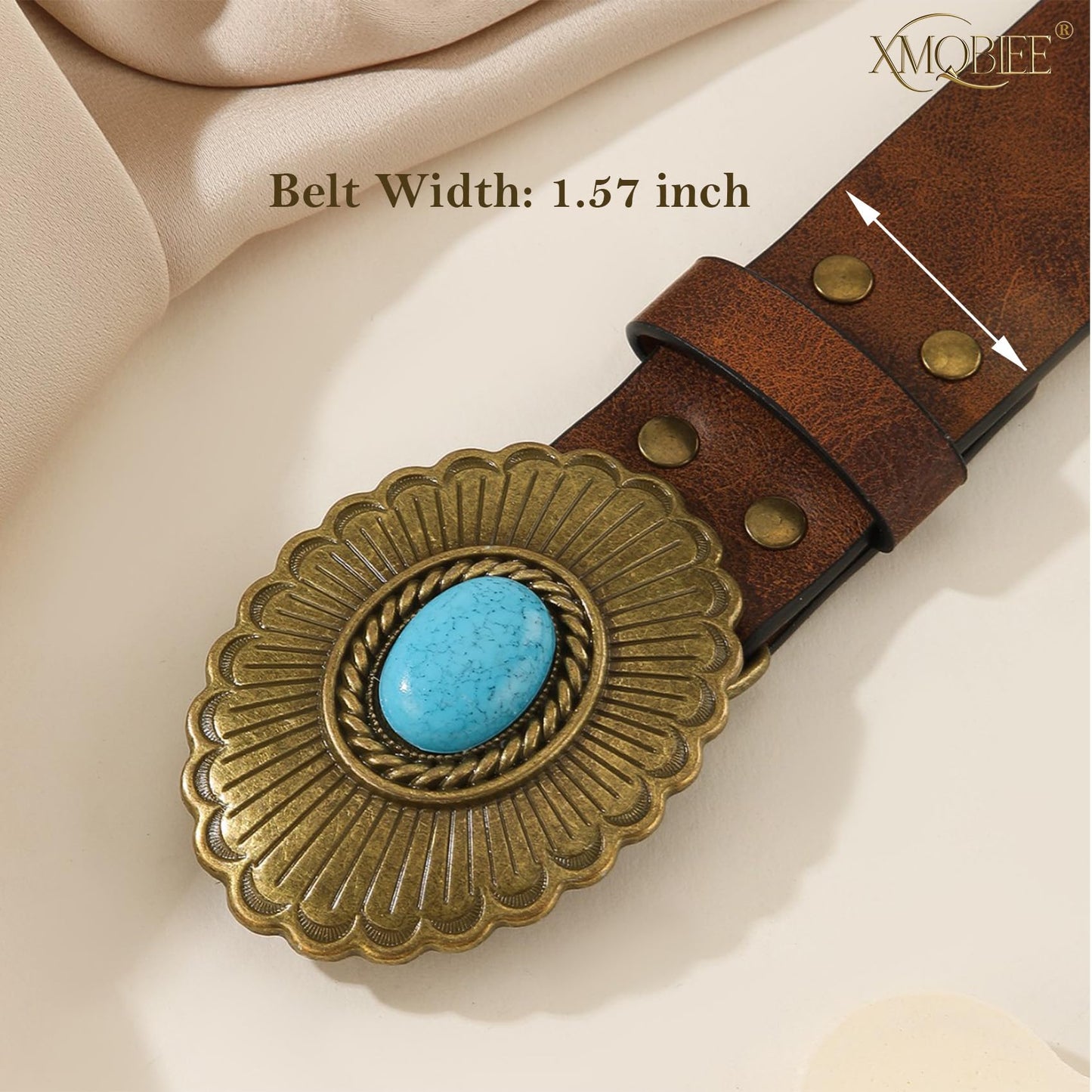 XMQBIEE Women's Western Leather Belt with Turquoise Buckle Engraved Cowboy Waist Belt for Jeans Dresses Country Concerts