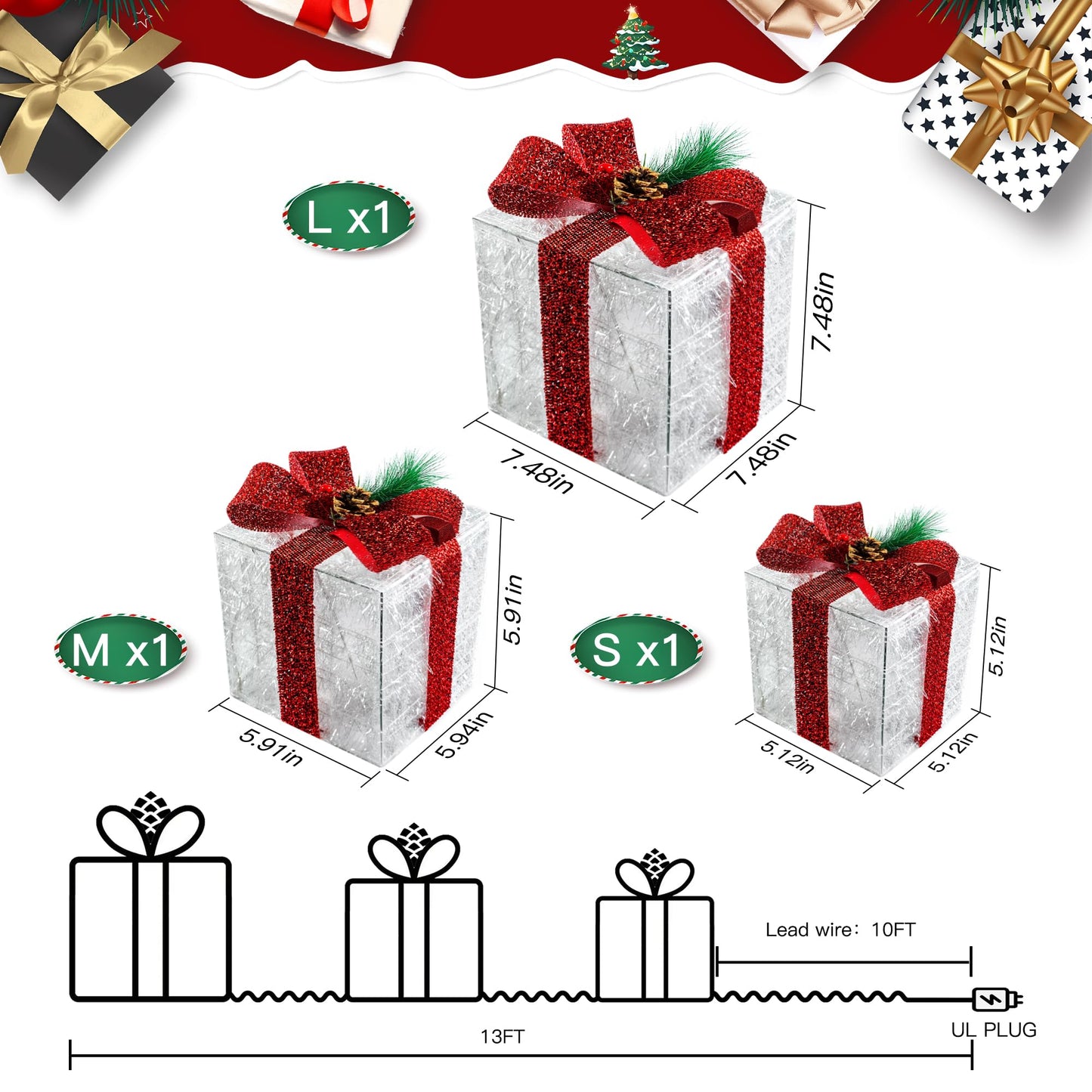Ccinny Christmas Decorations, Set of 3 Christmas Lighted Gift Boxes, Pre-lit 60 LED Light Up Present Boxes Warm White Xmas Ornaments for Indoor Outdoor Yard Lawn Home Decor (Red Bow)