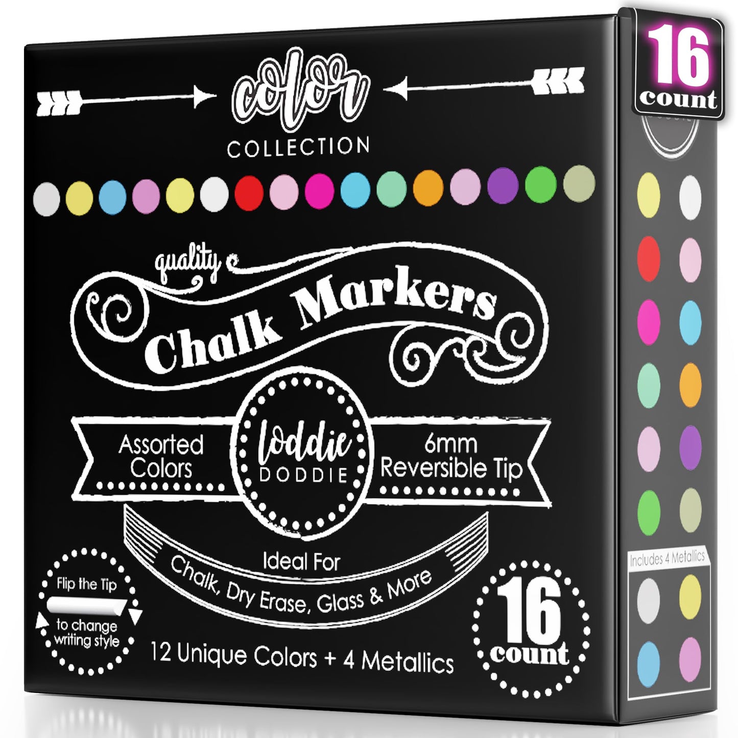 Loddie Doddie Chalk Markers - Pack of 16, Reversible 6mm Tips - Vibrant Chalkboard Designs with Chalkboard Markers - Easy Erase on Glass & Whiteboards with Dry Erase Pen