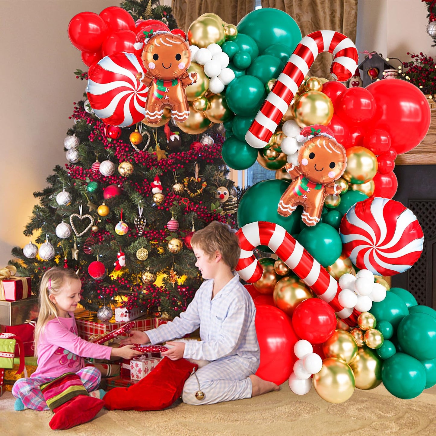 Christmas Balloon Garland kit with Gingerbread Man Foil Balloons, 111 Pieces Red Dark Green Metallic Gold Xmas Balloon Arch with Red White Candy Cane Balloons for Indoor Christmas Party Decorations