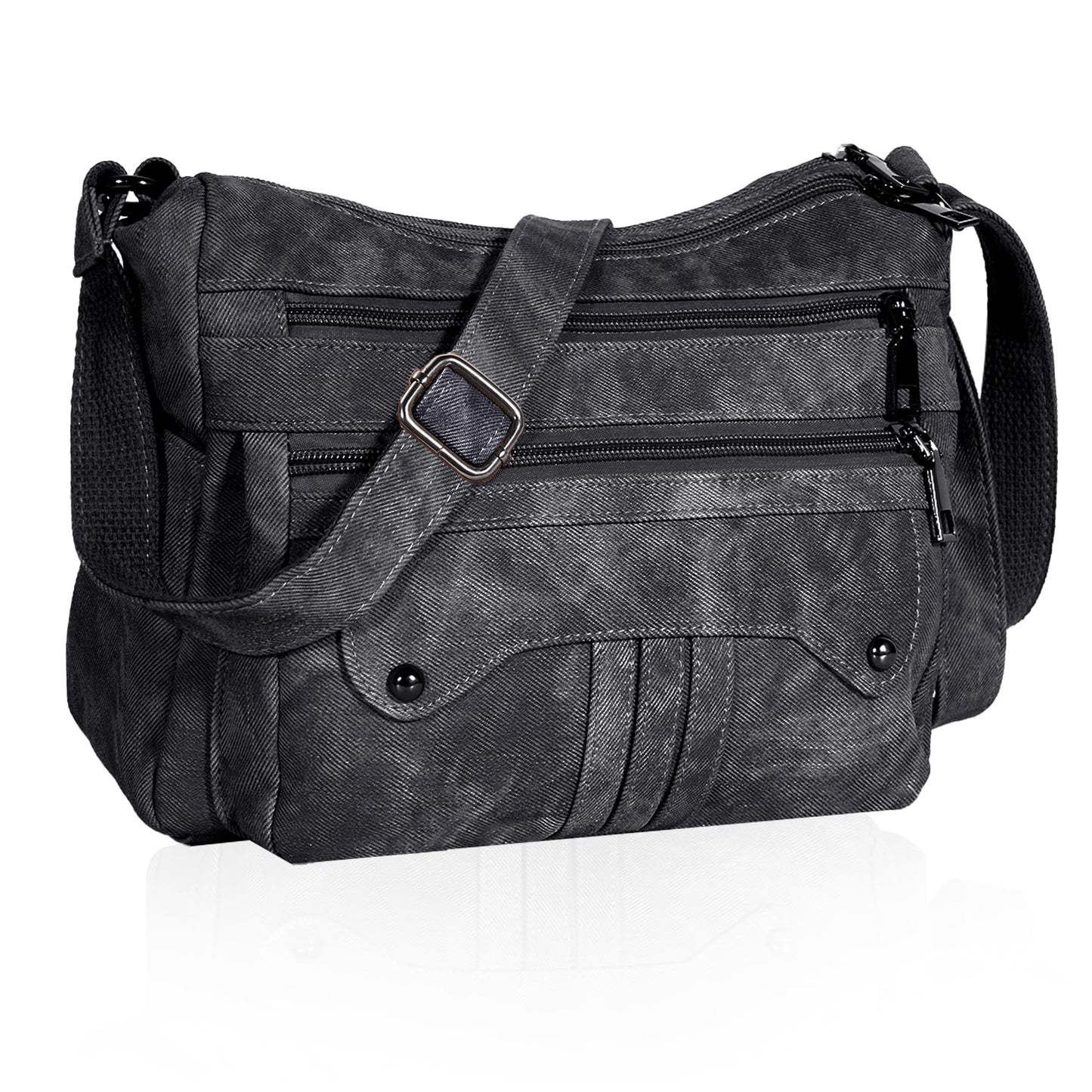 ELDA Crossbody Purses for Women PU Leather Denim Shoulder Handbags Waterproof Travel Bag Ladies Lightweight Medium Pocketbook (Black)