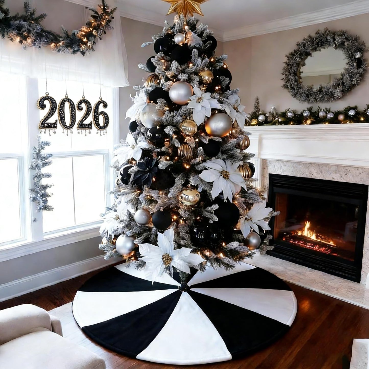 yuboo Black and White Tree Skirt, 48" Large Lollipop Tree Skirt for 6-7.5 FT Artificial Trees, Halloween Christmas Tree Decorations Ornaments, Spring Easter Holiday Party Xmas Tree Mat
