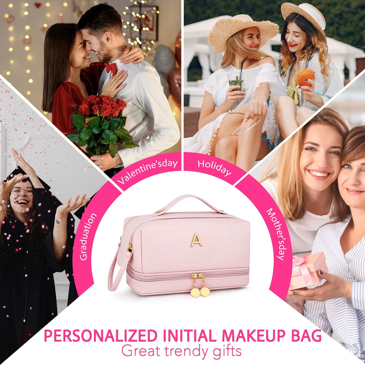 CLOUDWINGS Gifts for Women Birthday Gifts Initial Makeup Bag for Women Personalized Large Capacity Travel Toiletry Bag Cosmetic Bag Gifts for Mom-Graduation Gift for Teens Girls (Pink A)