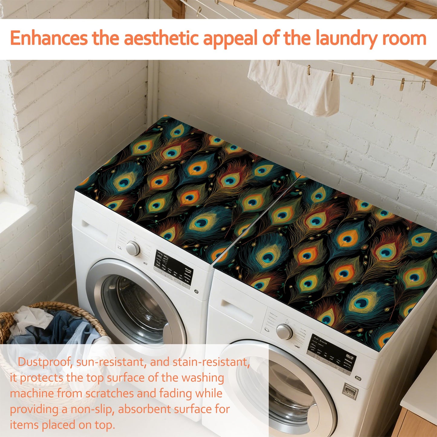 Green Peacock Feathers Washer and Dryer Covers for the Top, Non Slip Washing Machine Cover, Thickened & Dust Proof & Quick Drying Cover for Home Laundry Kitchen (23.6 x 19.7Inch)