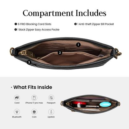 befen Genuine Leather Wristlet Wallets for Women Black Clutch Purse RFID Blocking Small Crossbody Bags Cell Phone Wallet Soft Leather Purse for Travel Women Shoulder Handbag with 2 Removable Straps