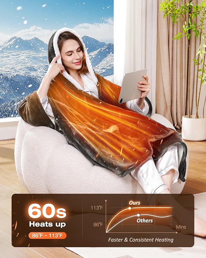 Wearable Heated Blanket - Cozy Gift for Women, Mom, Men| Reversible Flannel & Sherpa Electric Wrap with Pockets & Hood, 6 Heat Levels, 1-4H Timer, ETL Safe, Machine Wash, 50"x70" Grey
