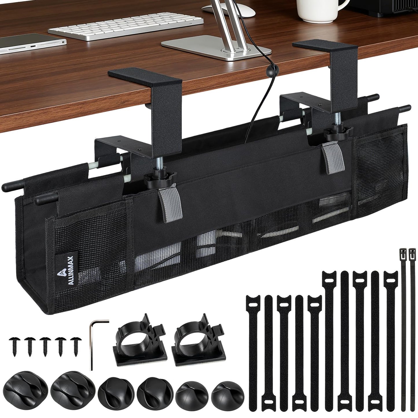 Fabric Under Desk Cable Organizer - Cord Organizer for Desk with 20-Piece Cable Management Kit, Easy Clamp or Screw Mount for Standing Desk Cable Management, Mesh Ventilation Slot