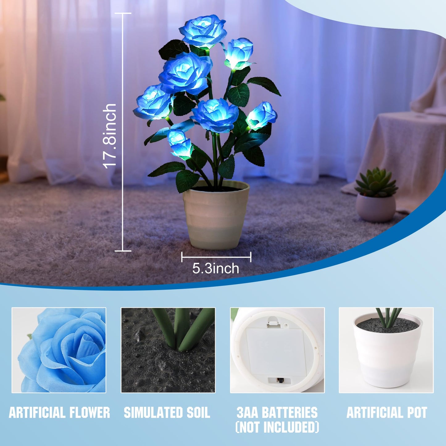 hibeauti Artificial Blue Rose Flower Lamp LED Lights, Flower Table Lamp for Bedroom Bar Coffee Shop Wedding Valentines Mothers Day Birthday Christmas - Unique Gifts for Women Her Girlfriend Wife Mom