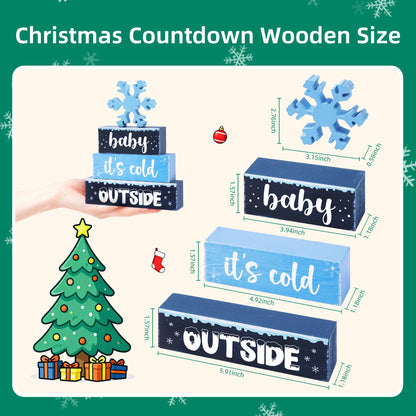 4 Pcs Christmas Wooden Tiered Tray Decor, Snowflake Baby It's Cold Outside Christmas Decorations Gifts for Home, Winter Table Centerpiece for Xmas Party Kitchen Office