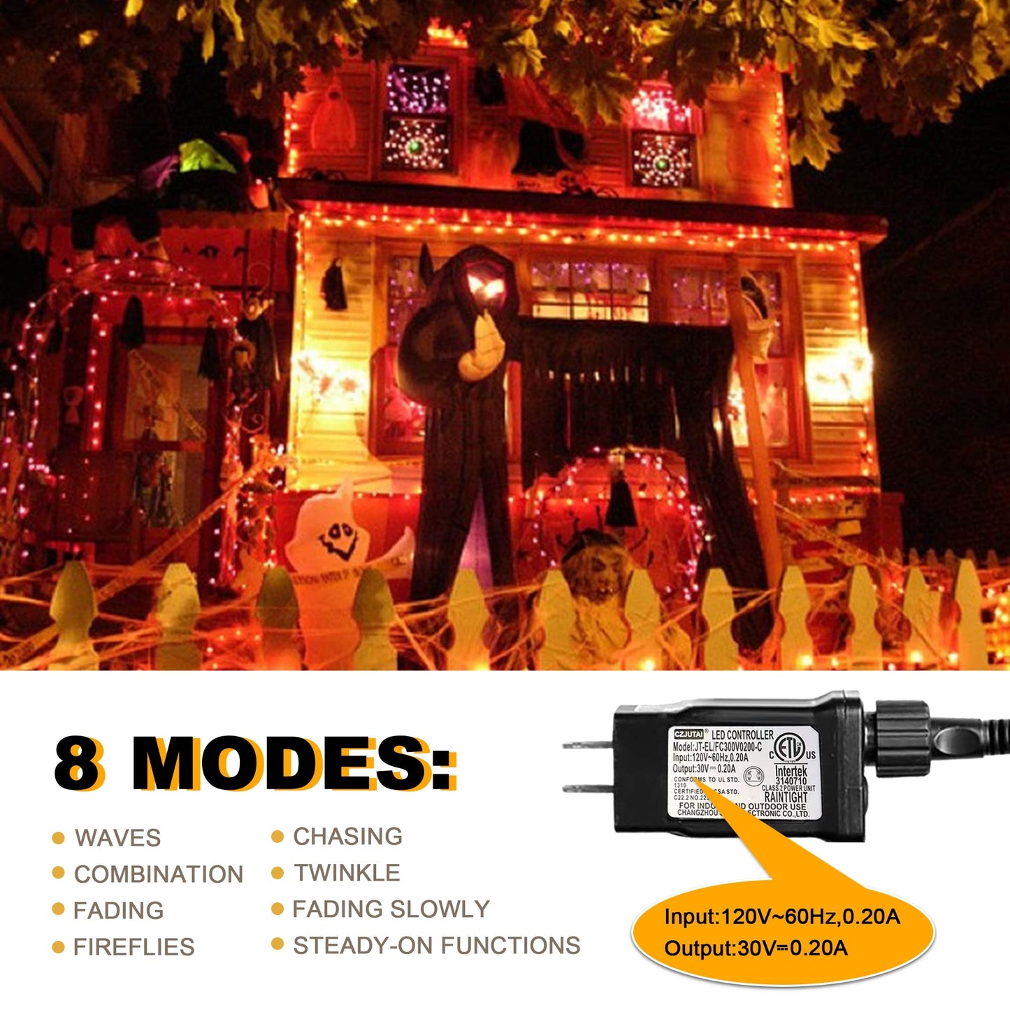 Weillsnow Orange Halloween Lights, 66FT Plug-in Waterproof String Lights, 8 Modes with Memory for Indoor/Outdoor Garden Decorations