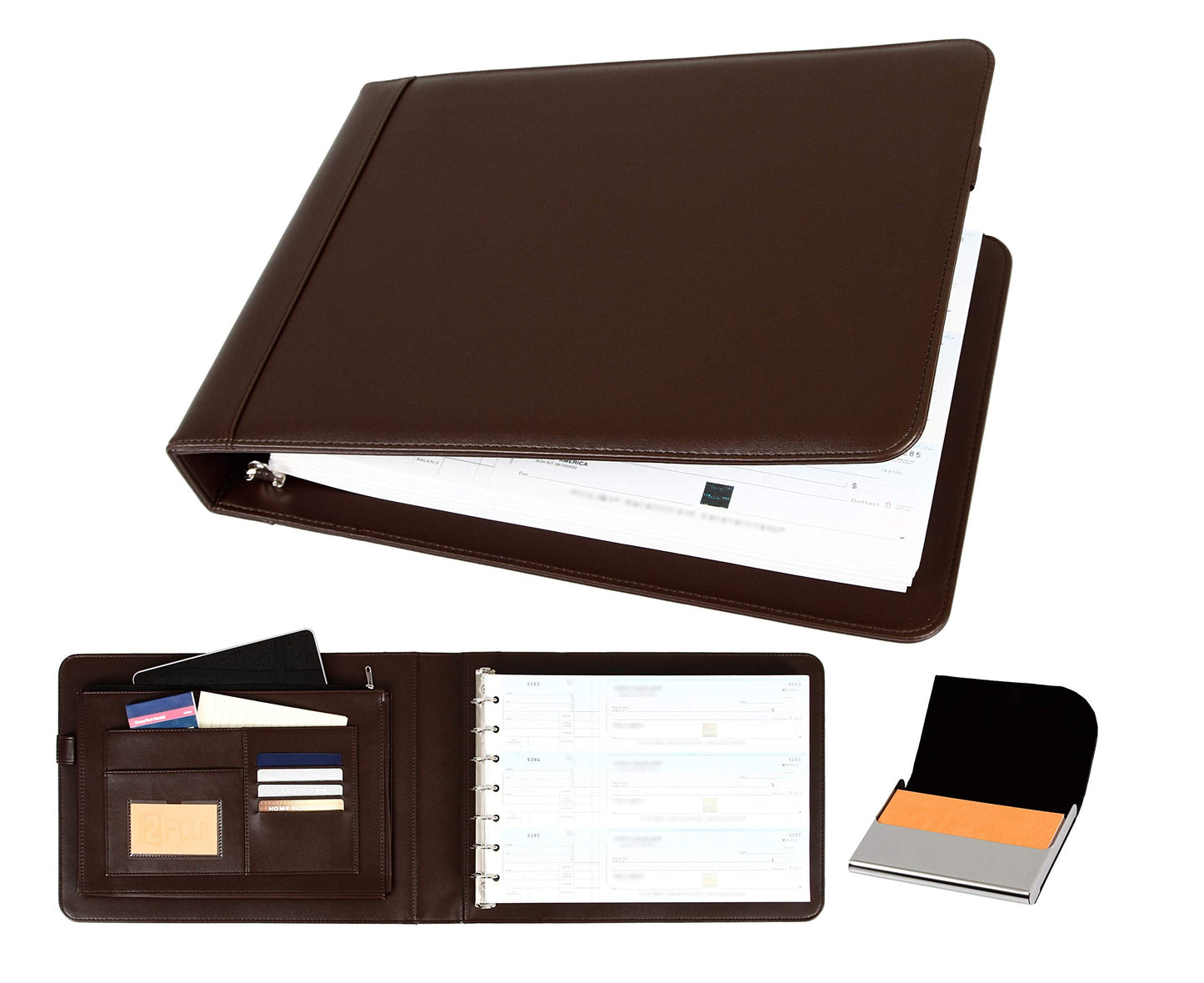 2Fold Business Check Binder 7 Ring for 3-Up Business Size Checks with Extra Business Card Case - PU Leather Deluxe 7 Ring Checkbook Binder Portfolio with 600 Check Capacity and Storage