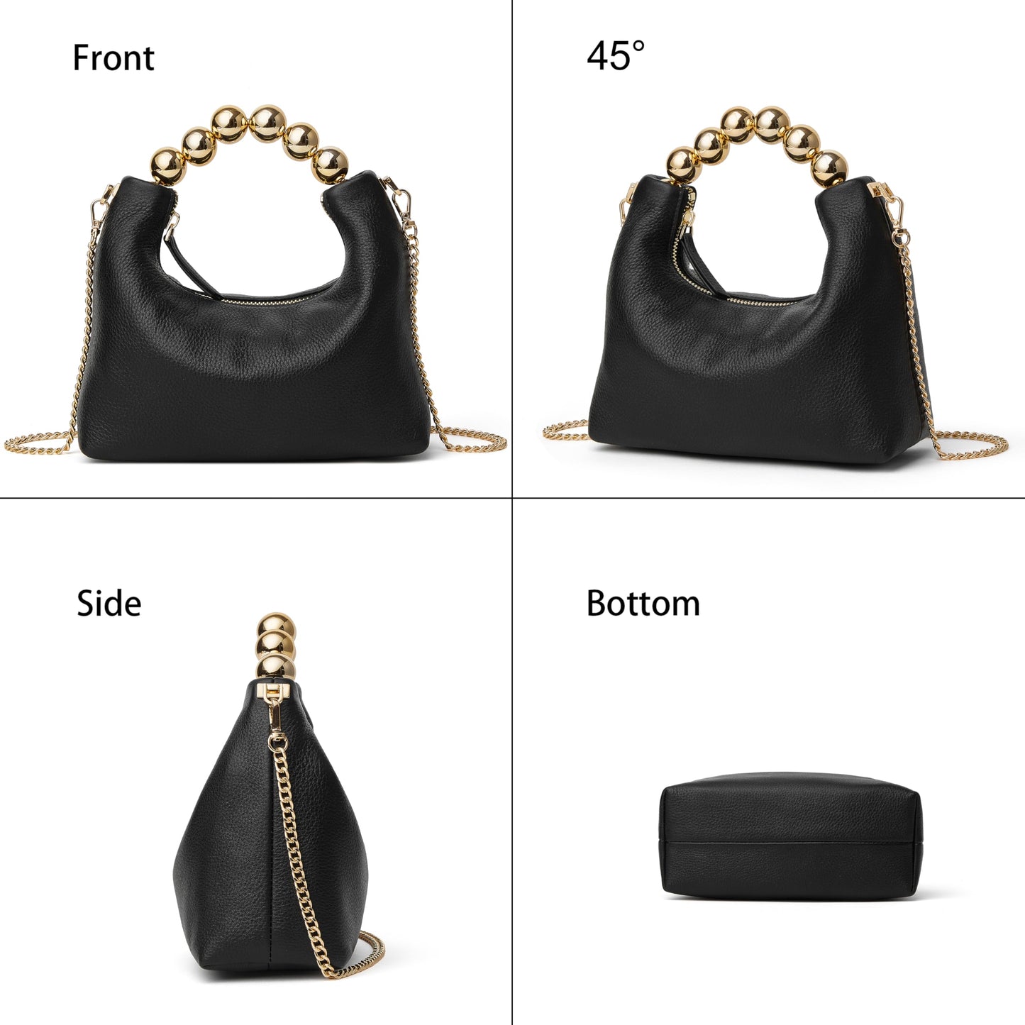DORIS&JACKY Small Top Handle Clutch Purse for Women, Designer Leather Evening Crossbody Bag with Metal Ball Tote Handle And Leather Chain Strap (Black)