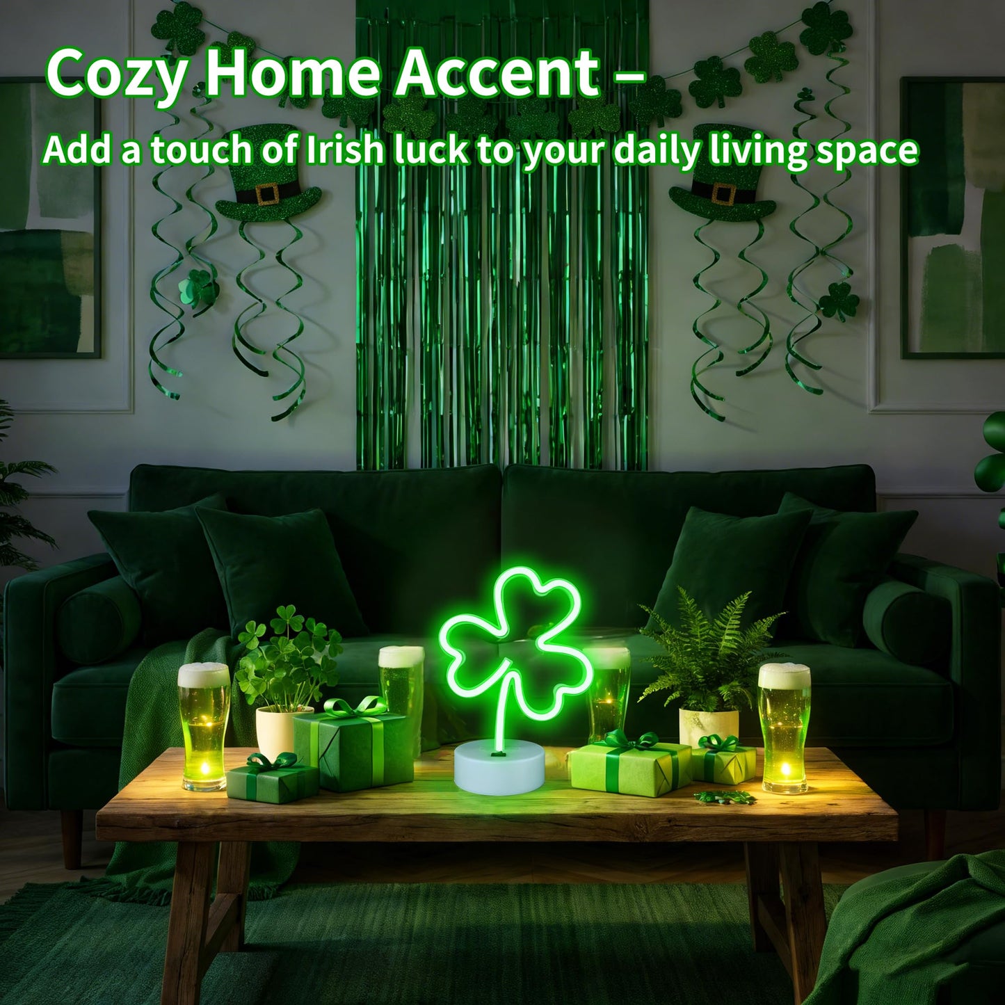 St Patrick's Day Shamrock Light - Patrick Party Neon Sign Decoration - Green Clover LED Night Light - USB or Battery Powered Table Lamp - Lucky Shamrocks Gifts for Kids - Decor for Window Room Bedroom