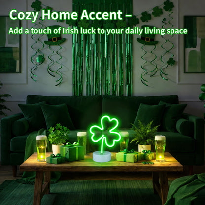 St Patrick's Day Shamrock Light - Patrick Party Neon Sign Decoration - Green Clover LED Night Light - USB or Battery Powered Table Lamp - Lucky Shamrocks Gifts for Kids - Decor for Window Room Bedroom