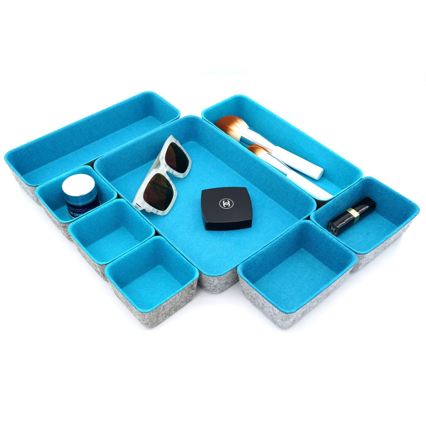 Welaxy desk drawer organizer tray felt storage bin for home office entryway catchall key holder makeup crafts pens decluttering 8-piece gift Solution (Turquoise)