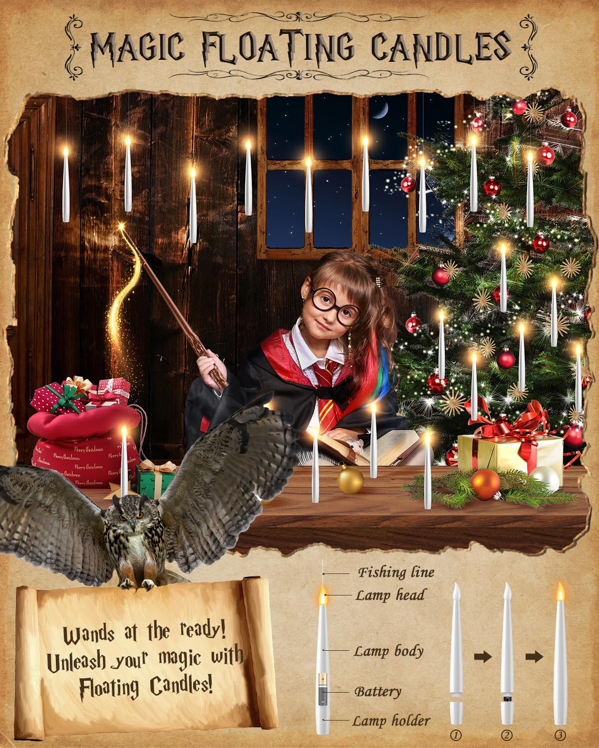 Floating Candles with Wand - 18 Pack Christmas Decorations Magic Flameless Candles Flickering Light Hanging Candle Remote with Glasses, Tie, Scarf, Battery Operated Candles for Christmas Party Decor