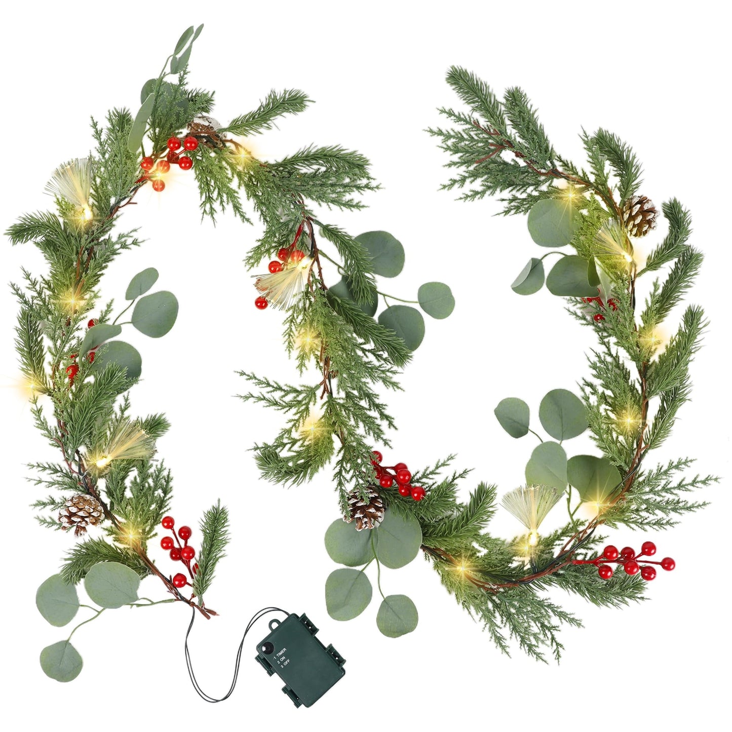 DR.DUDU Christmas Garland Decorations, 6FT Garlands with Lights Timer Indoor Decoration Pre-Lit Green Garland with Pine Cones Red Berry for Mantle Outdoor Fireplace Stairs Holiday Winter Decor