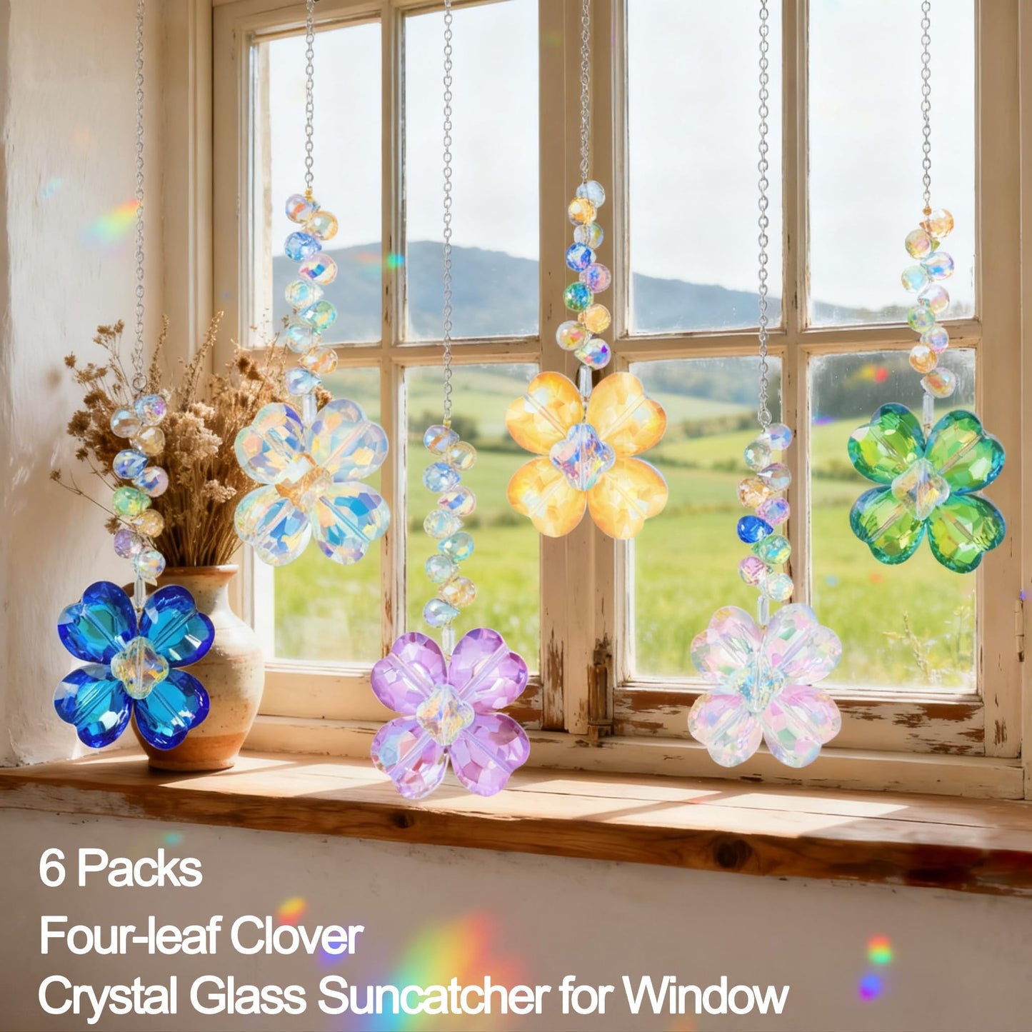 LUMITI 6pcs Crystal Clover Suncatchers Hanging Ornaments, Rainbow Maker Sun Catchers Indoor Window Outdoor Patio Garden Decor Gifts (Clover)