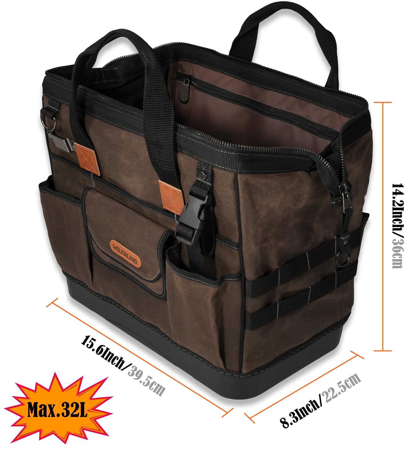 WELKINLAND 45-Pockets Waxed Canvas Tool Bag, 16-Inch Heavy-Duty electrician tools bag, Hard-Bottom HVAC tools bags, Large-Open technician tool bags, Electrical tool bag, Maintenance tool bag