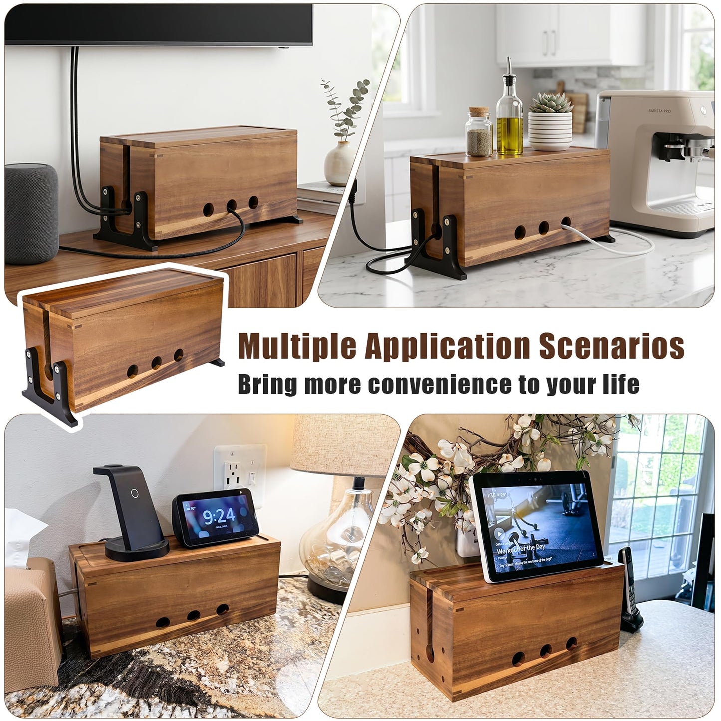 Extra Large Cable Management Box, Cord Organizer & Hider Box, Acacia Wood Cable Box for Chargers, Power Strip, USB, Floor & Desk Cables & Cords Storage, Children & Pet Safe