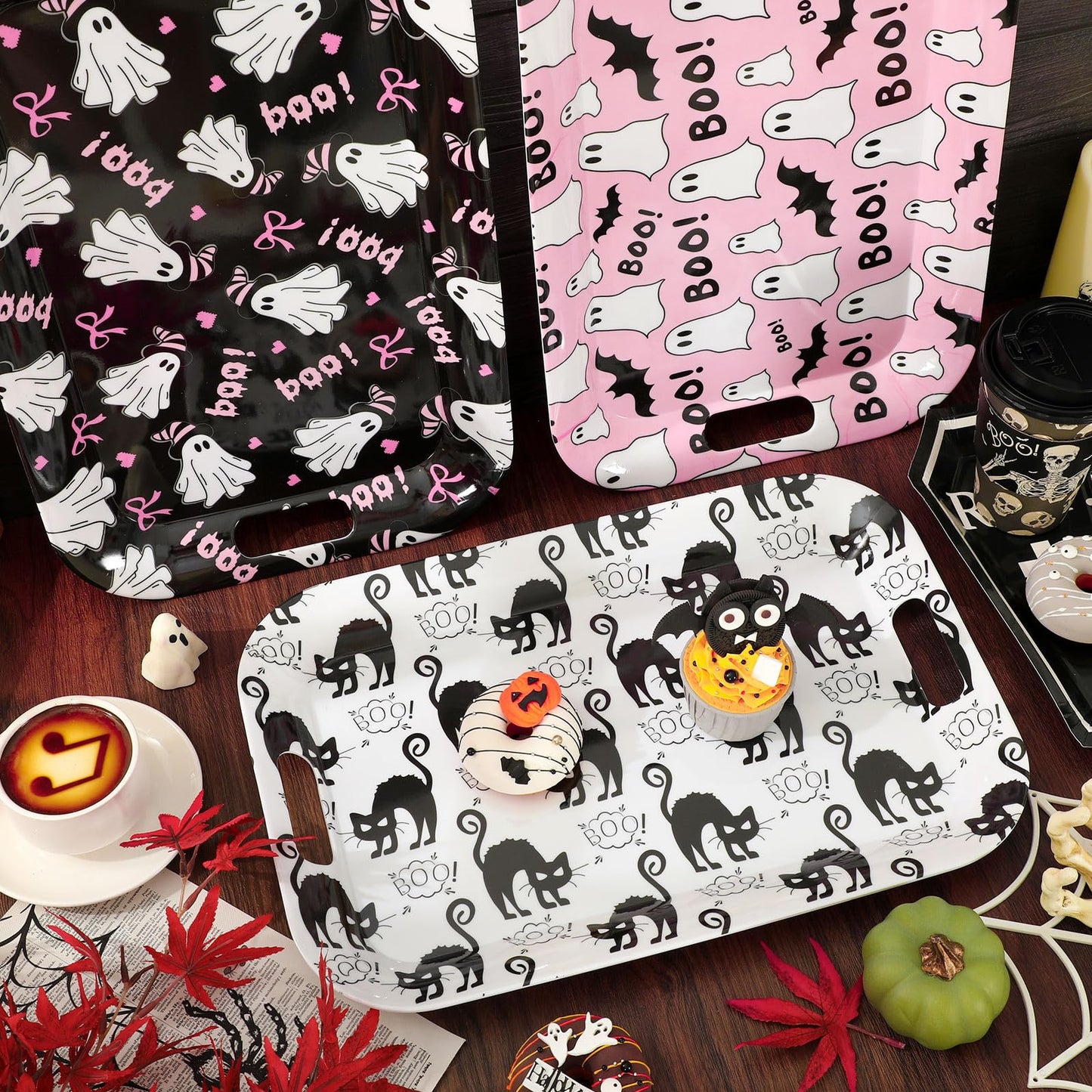 JarThenaAMCS 3Pcs Halloween Ghost Serving Trays 16.4 x 11 Inch Pink Boo Ghost Black Cat Platter with Handles Reusable Serving Dishes for Birthday Party Sharing Snacks Fruit Dessert