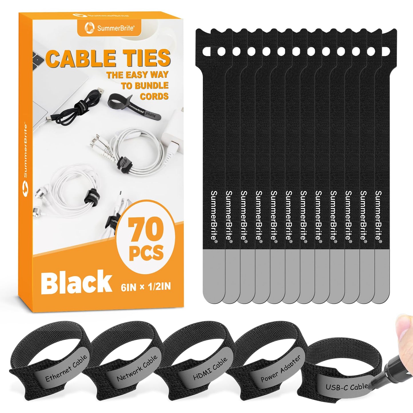 SummerBrite 70 Pack Black Cable Ties 6 Inch with Writable Labels, Reusable Cable Management Straps, Hook and Loop Cord Organizer for Home Office, PC Desk Setup, Electronics & Travel Wire Management