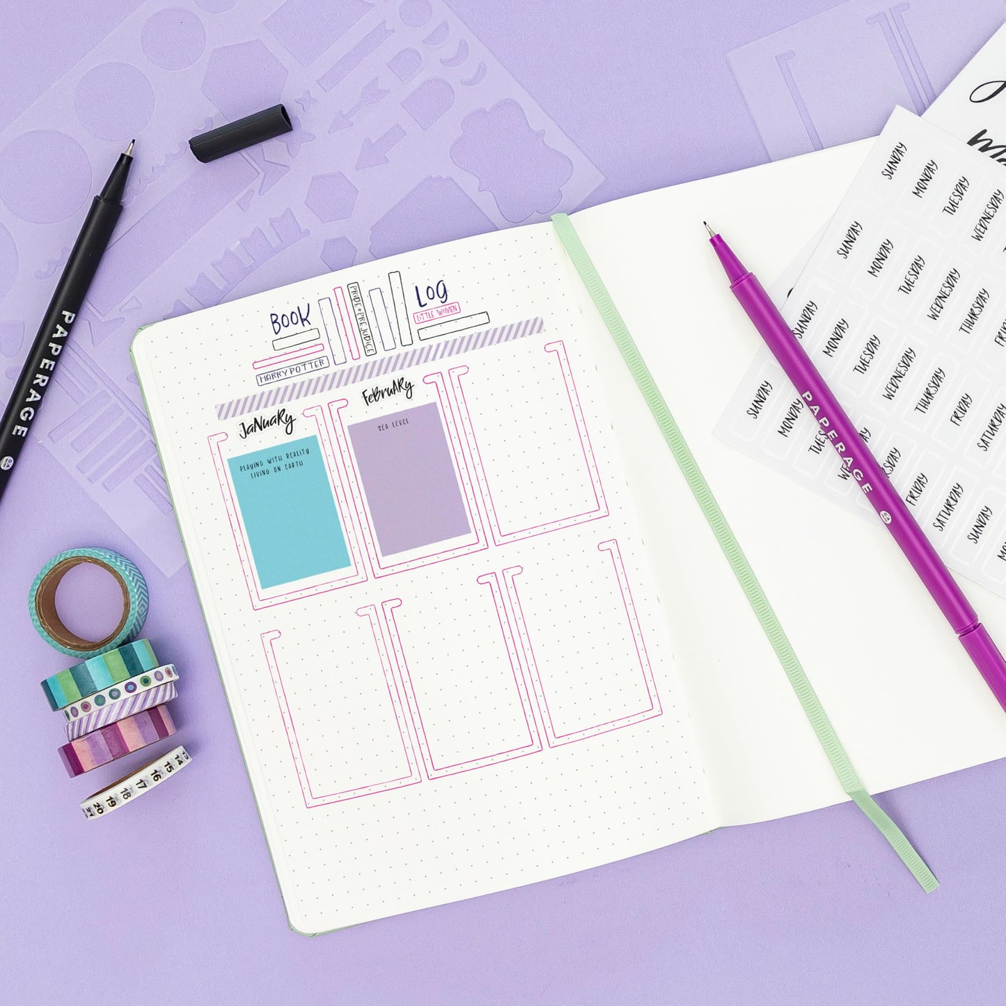 PAPERAGE Bullet Style Journal Kit, Dotted Journaling Set & Stationary Kit, Hardcover Dotted Journal Notebook (Blush), 12 Fineliner Pens, 8 Sticker & 4 Stencil Sheets, 6 Washi Tapes