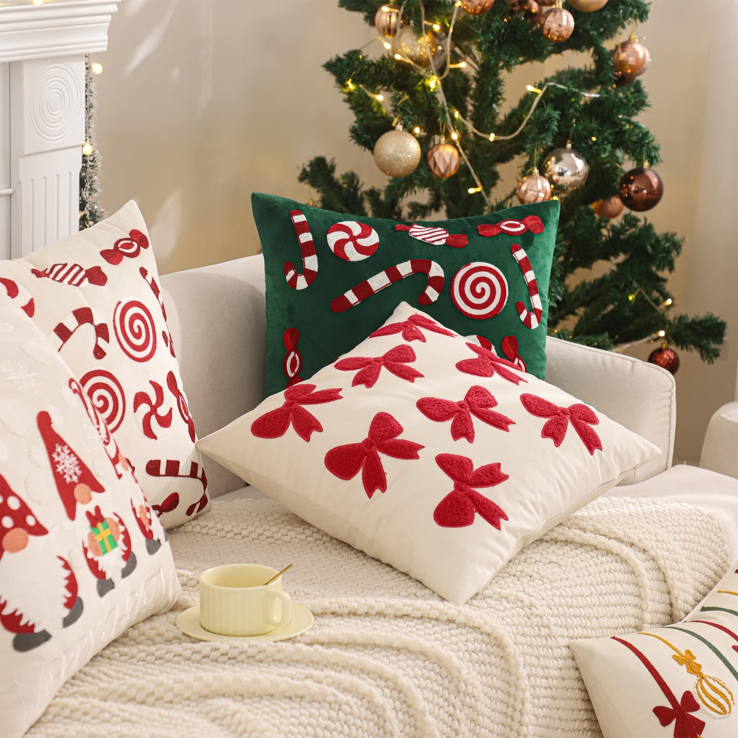 Tosleo Red Bows Pillow Covers 18 x 18 inch Set of 2 Velvet Embroidery Throw Pillow Cover Merry Xmas Party Decor Pillowcase Winter Holiday Cushion Case